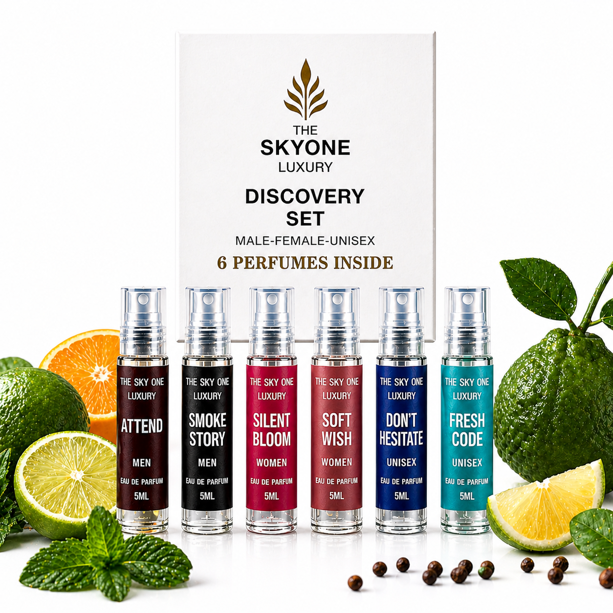 The SkyOne Luxury Discovery Perfume Set | 6 x 5ml Mini EDP Collection | Long Lasting Unisex Fragrances
